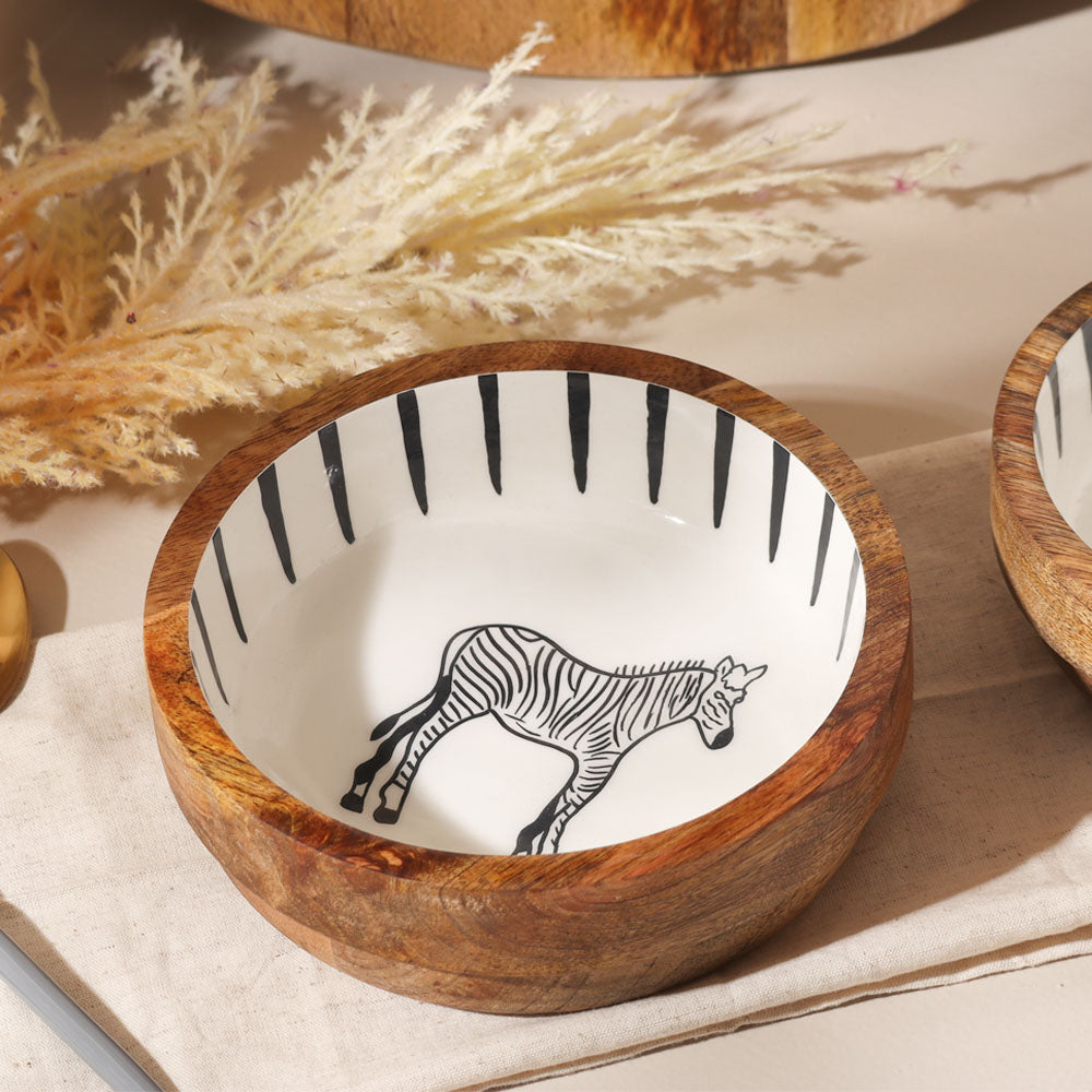 Zebra Wooden Serving Bowl Medium - White Black