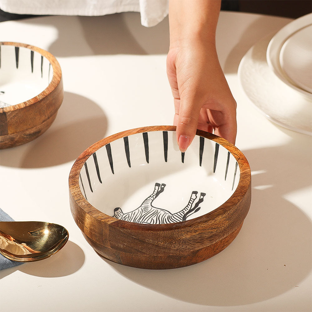 Zebra Wooden Serving Bowl Medium - White Black