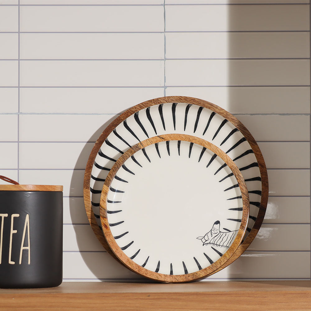Zebra Wooden Round Serving Plate Small - White Black