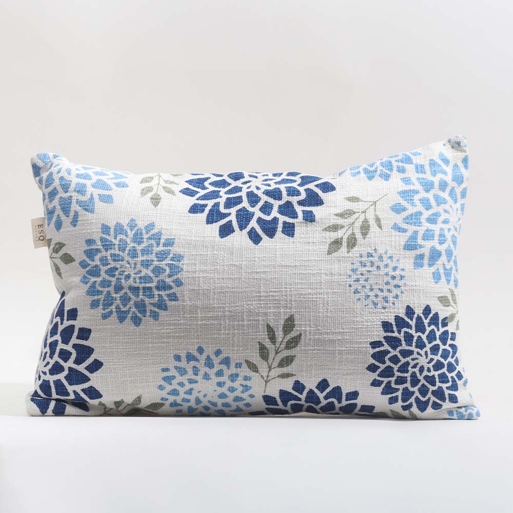 Zinnia Rectangular Printed Cotton Cushion Cover 50x30cm - Blue White