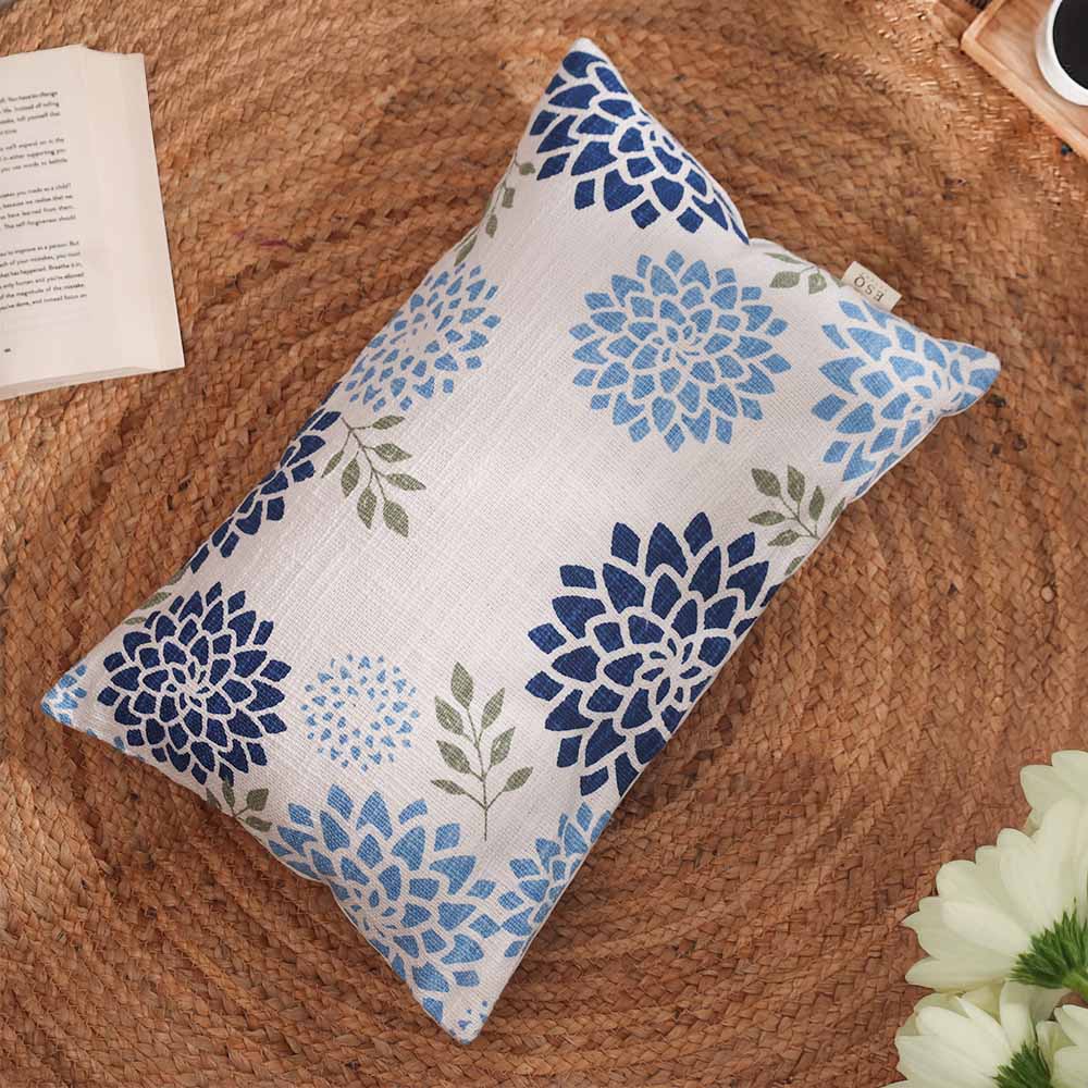 Zinnia Rectangular Printed Cotton Cushion Cover 50x30cm - Blue White