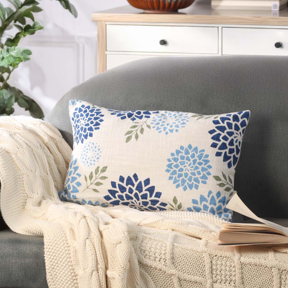 Zinnia Rectangular Printed Cotton Cushion Cover 50x30cm - Blue White