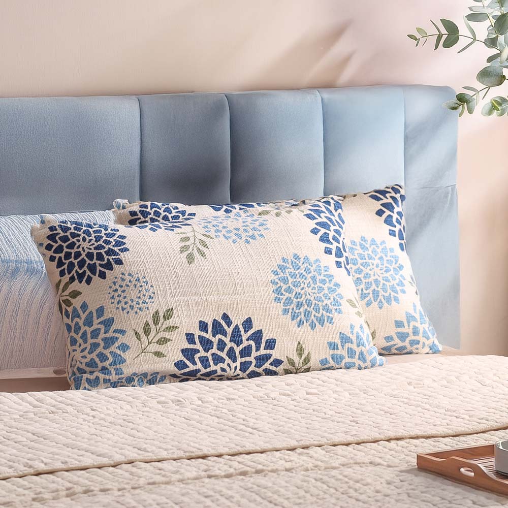 Zinnia Rectangular Printed Cotton Cushion Cover 50x30cm - Blue White