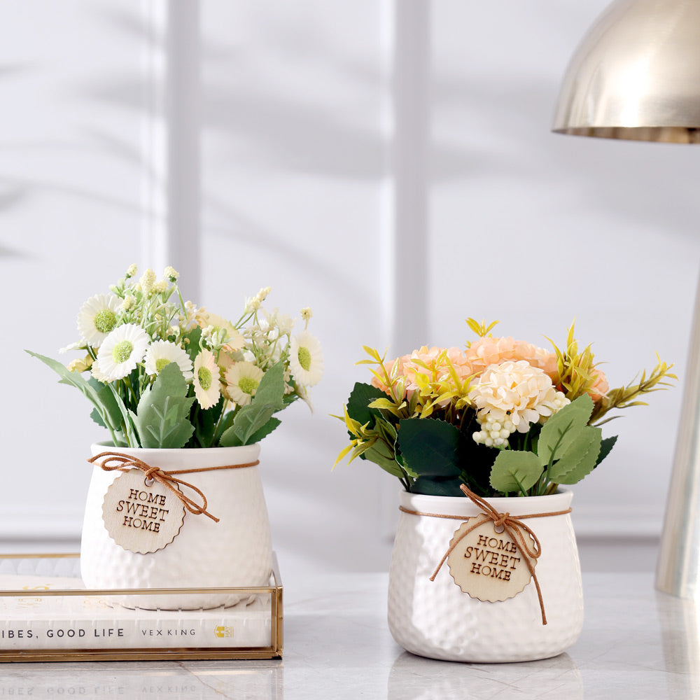 Pebbled Ceramic Planter with Faux Flowers - Sage Daisies