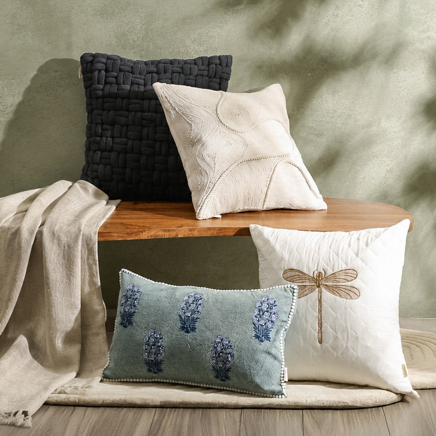 Dragonfly Embroidered & Quilted Cushion Cover 45x45cm - Gold White