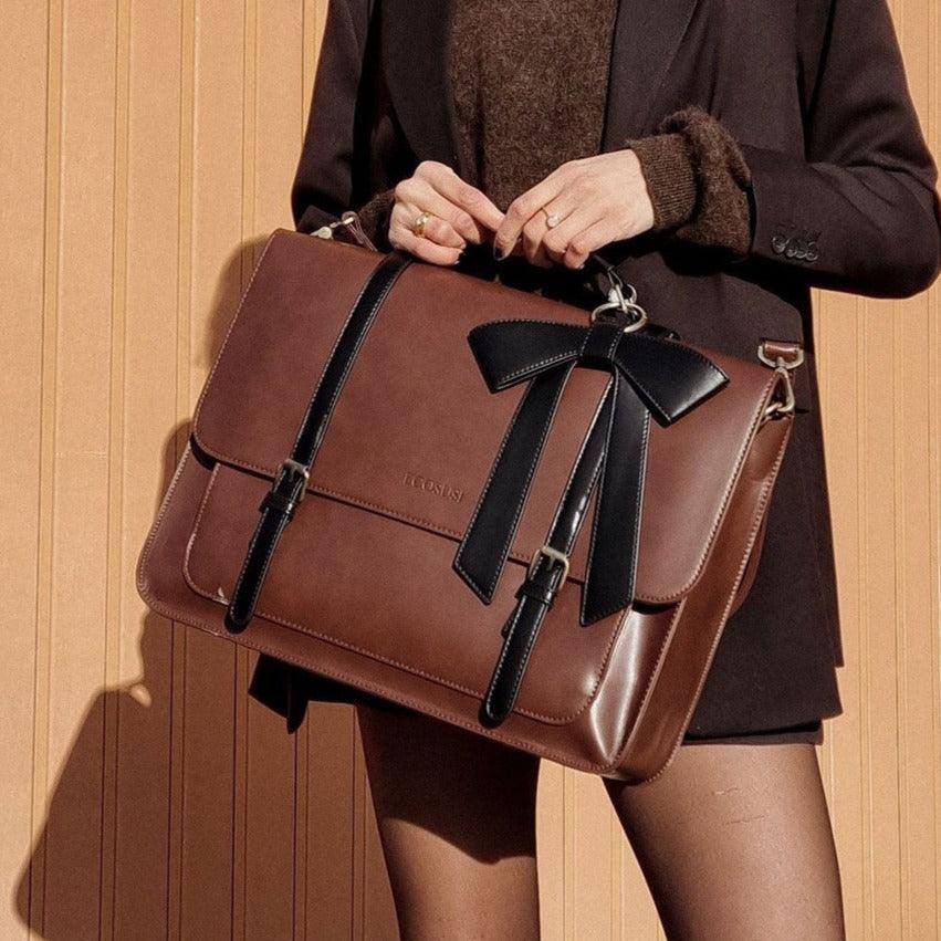 Ecosusi Vintage Bow Briefcase Large - Brown Black