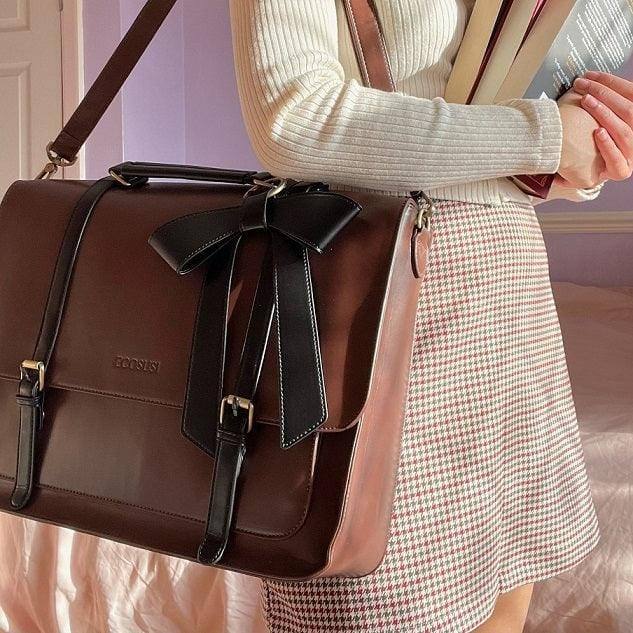 Ecosusi Vintage Bow Briefcase Large - Brown Black