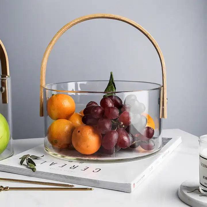 Enhabit Aura Glass Storage Basket with Wooden Handle