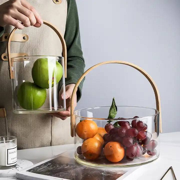 Enhabit Aura Glass Storage Basket with Wooden Handle