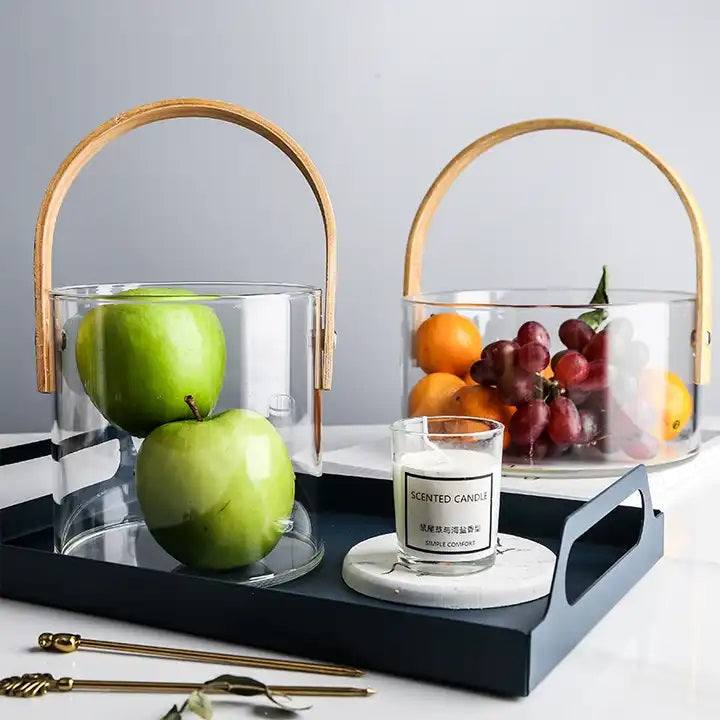 Enhabit Aura Glass Storage Basket with Wooden Handle