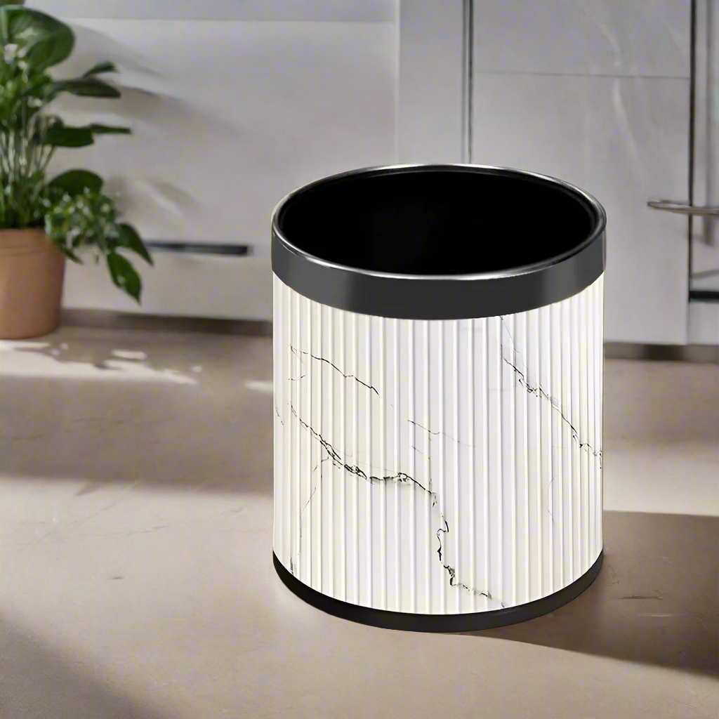 Columns Waste Bin 10L - White Marble & Dark Steel