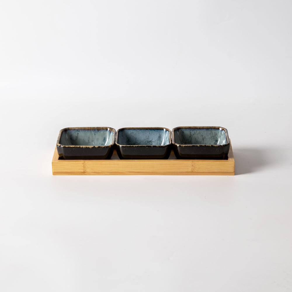 Enhabit Island Small Serving Bowls with Wooden Tray, Set of 3