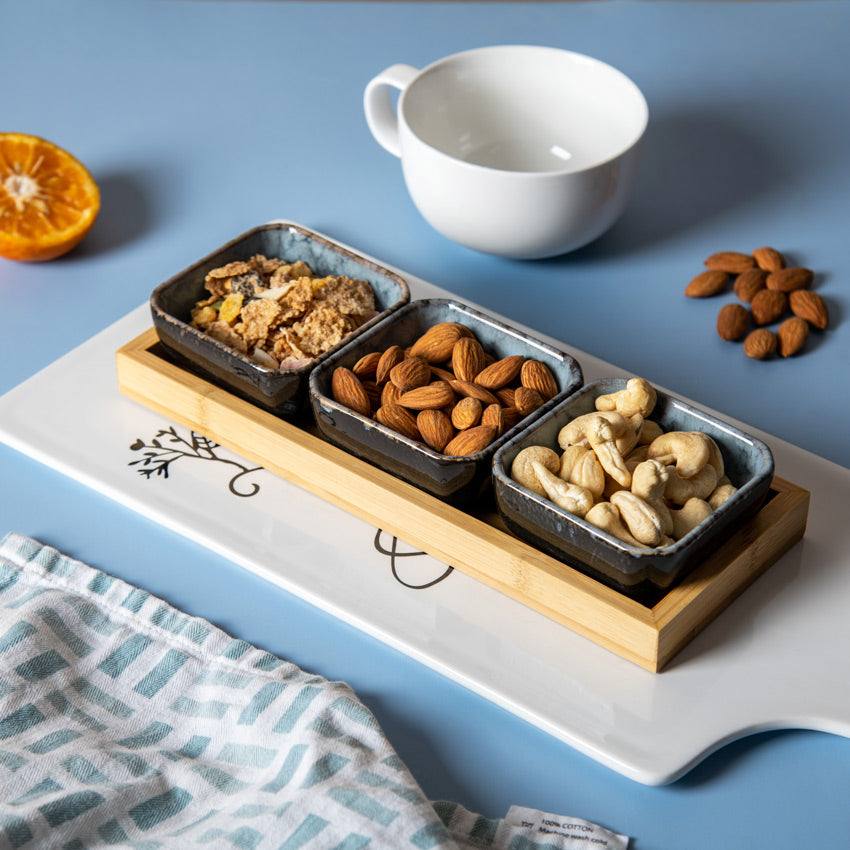 Enhabit Island Small Serving Bowls with Wooden Tray, Set of 3