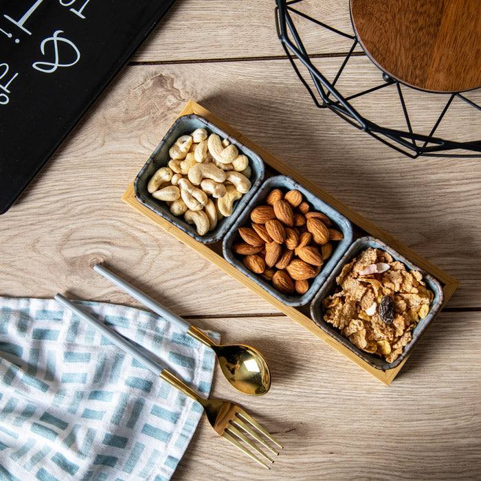 Enhabit Island Small Serving Bowls with Wooden Tray, Set of 3