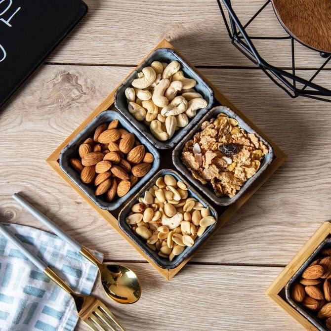 Enhabit Island Small Serving Bowls with Wooden Tray, Set of 4