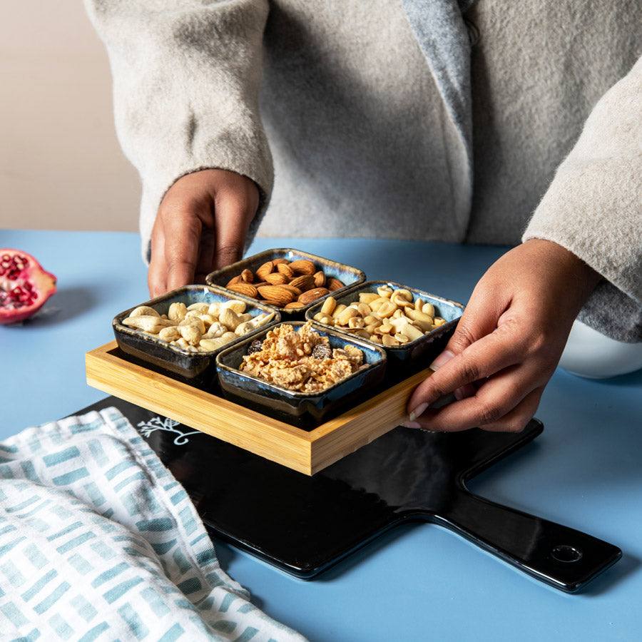 Enhabit Island Small Serving Bowls with Wooden Tray, Set of 4