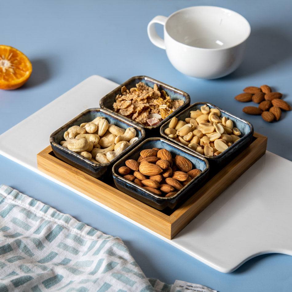 Enhabit Island Small Serving Bowls with Wooden Tray, Set of 4