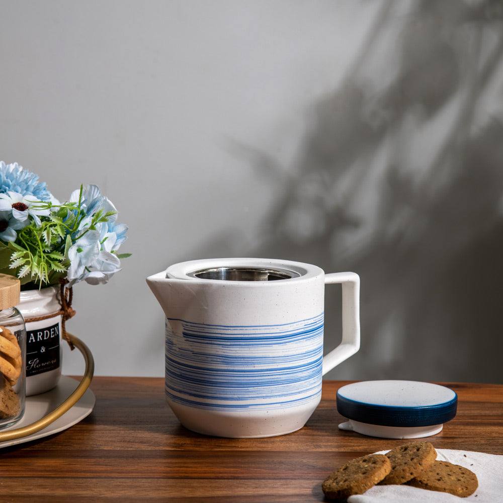 Enhabit Shore Ceramic Teapot with Filter - White & Blue