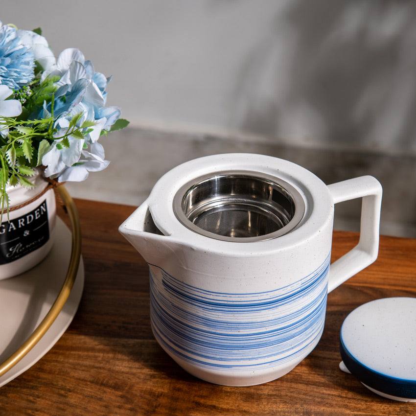 Enhabit Shore Ceramic Teapot with Filter - White & Blue