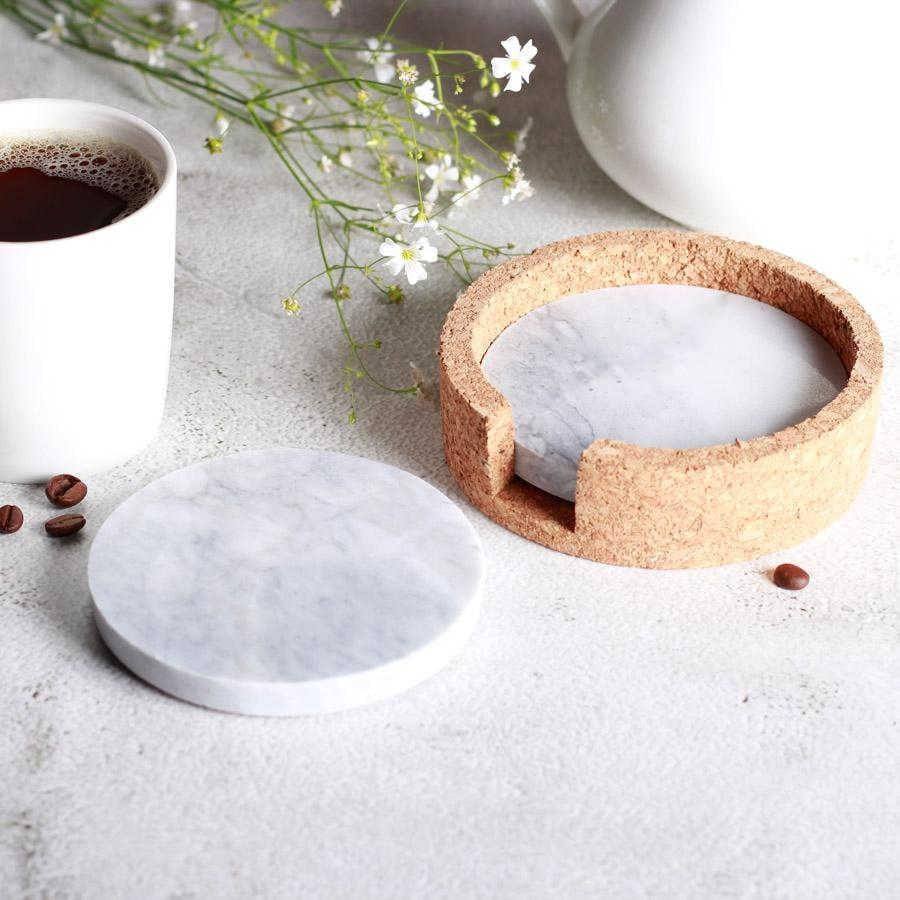 Philosophy Home Round Marble Coasters with Cork Holder