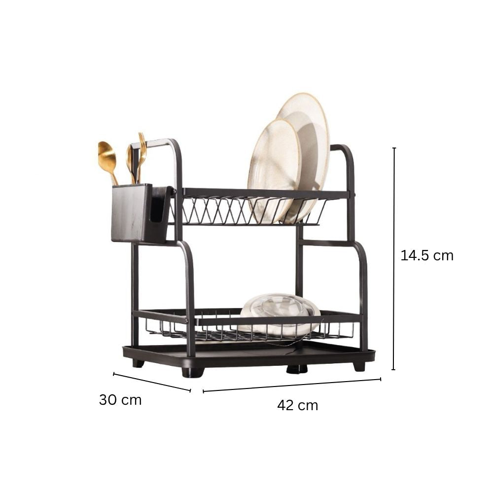 2-Tier Dish Rack with Cutlery Holder & Drainer - Black