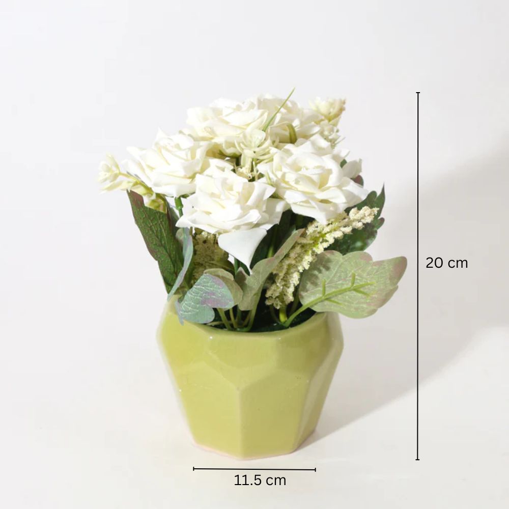 Roses Artificial Potted Plant - White Green