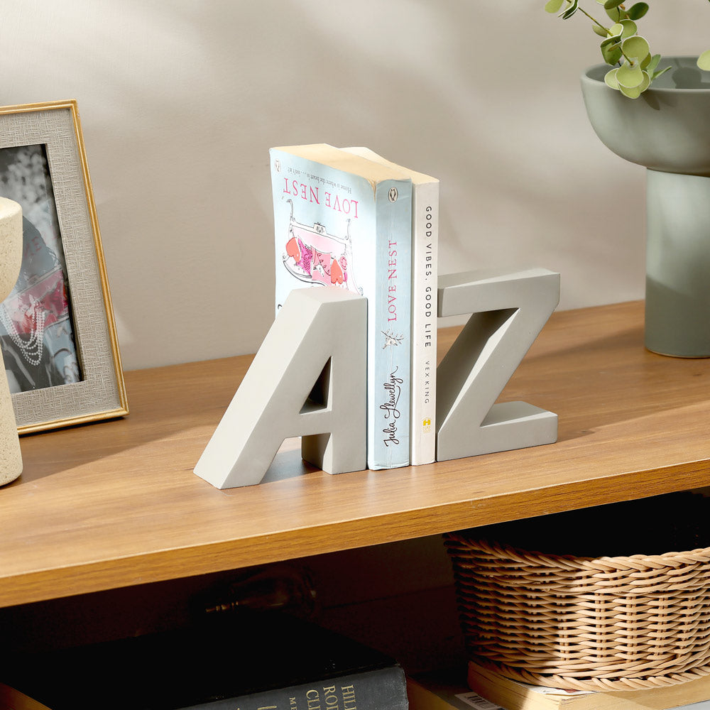 A to Z Concrete Bookends, Set of 2 - Dark Grey