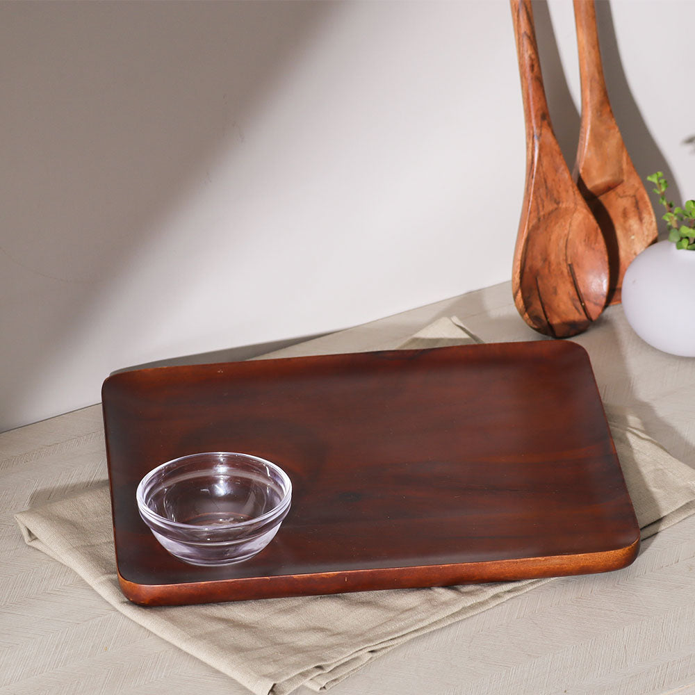 Acacia Wood Serving Platter with Bowl - Walnut