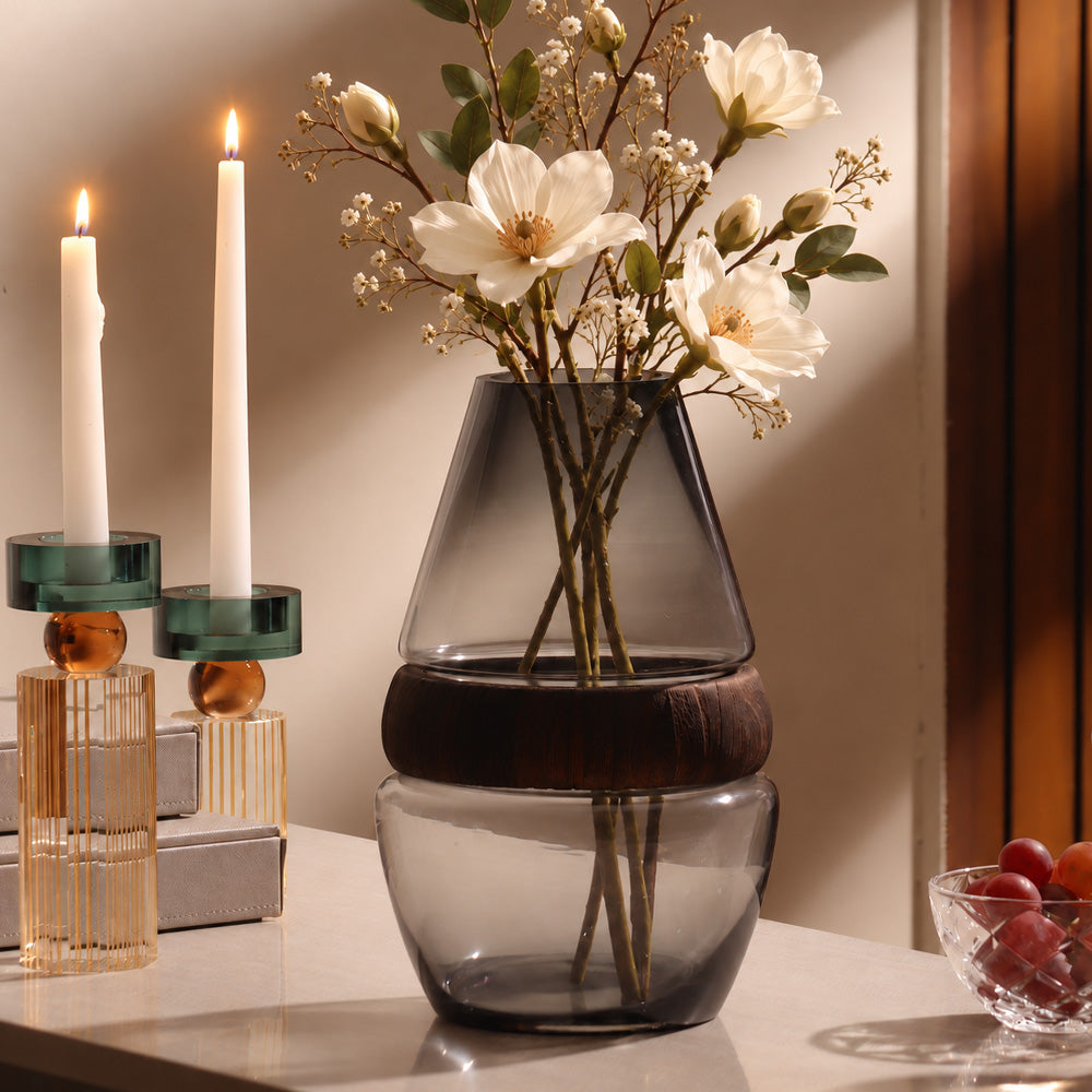 Afora Glass & Wood Conical Vase Medium - Smoke Natural