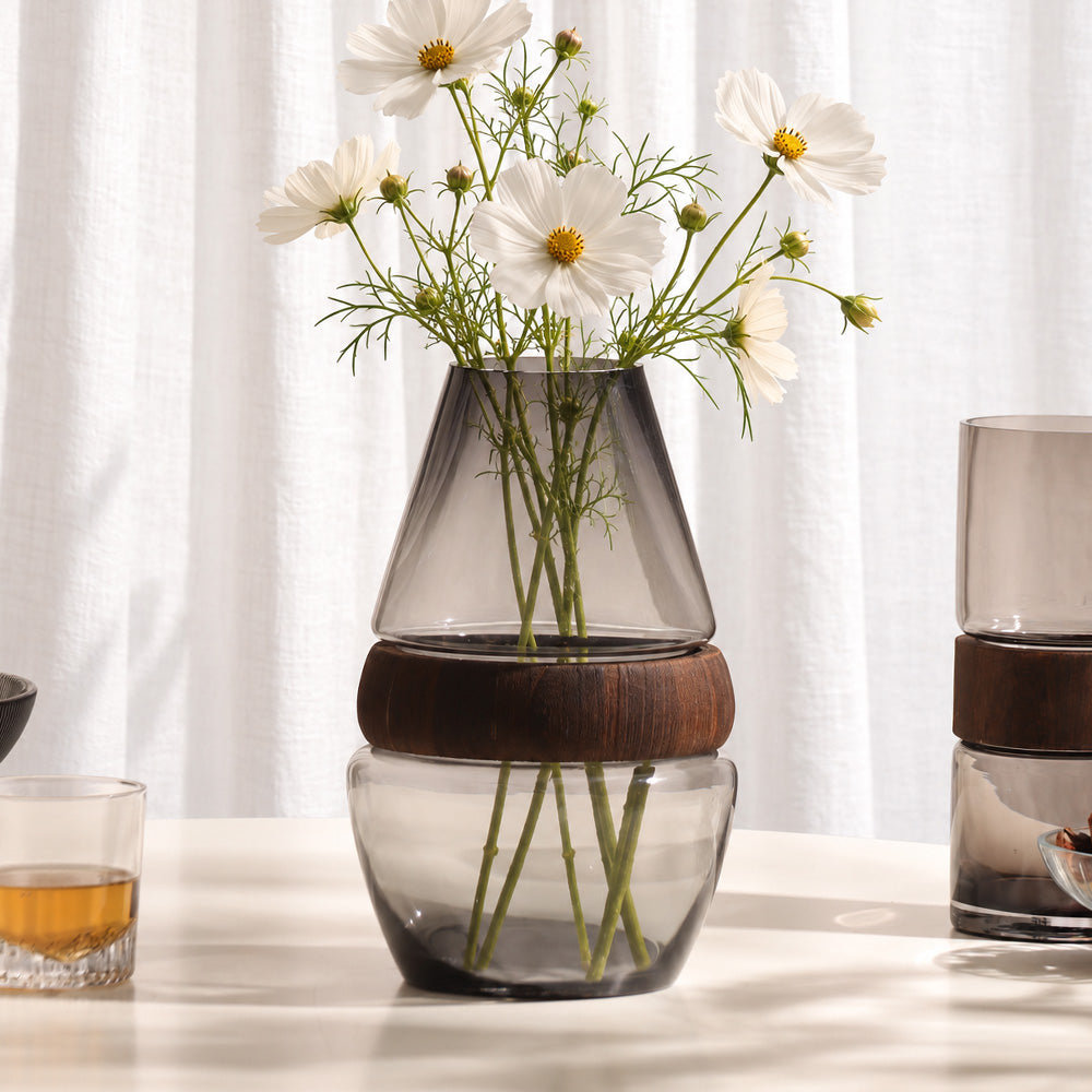 Afora Glass & Wood Conical Vase Medium - Smoke Natural