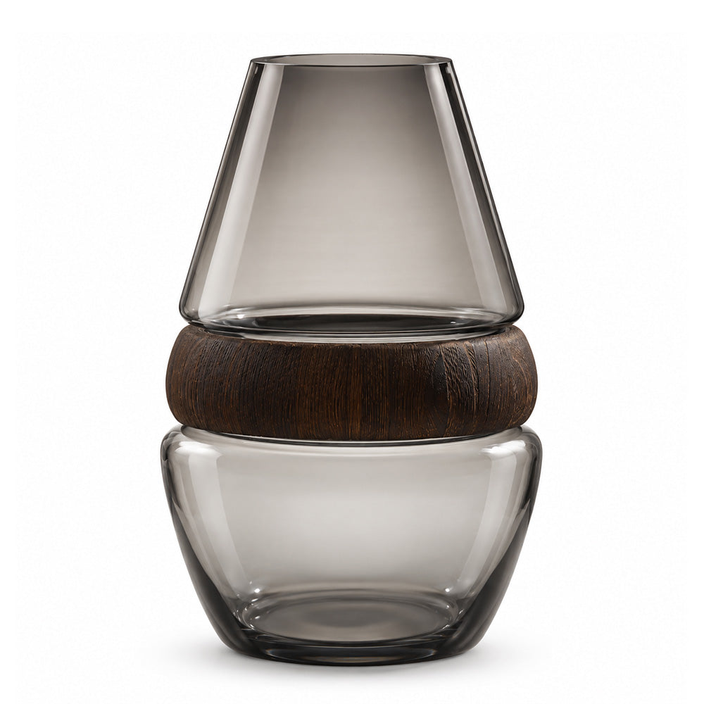 Afora Glass & Wood Conical Vase Medium - Smoke Natural