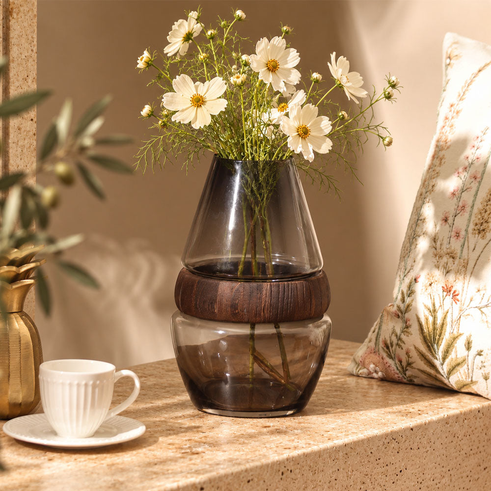 Afora Glass & Wood Conical Vase Medium - Smoke Natural