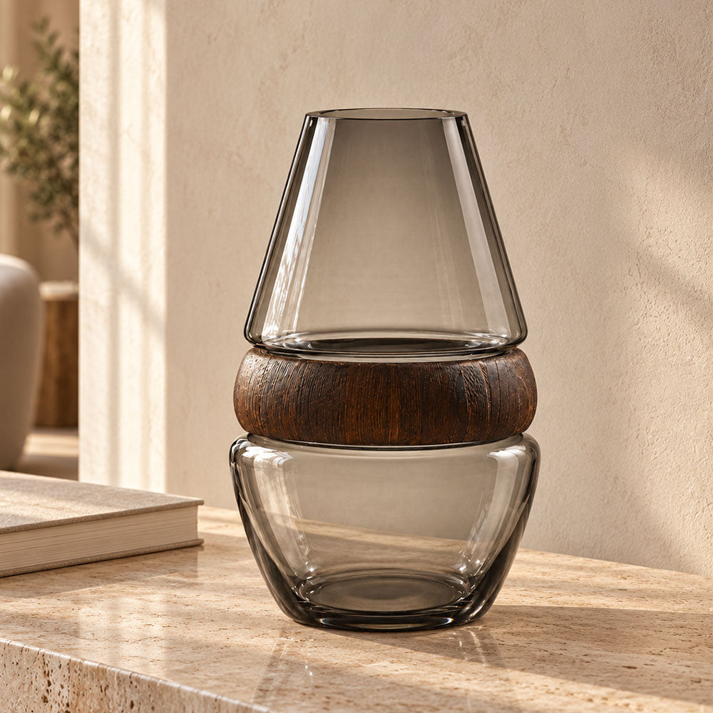 Afora Glass & Wood Conical Vase Medium - Smoke Natural