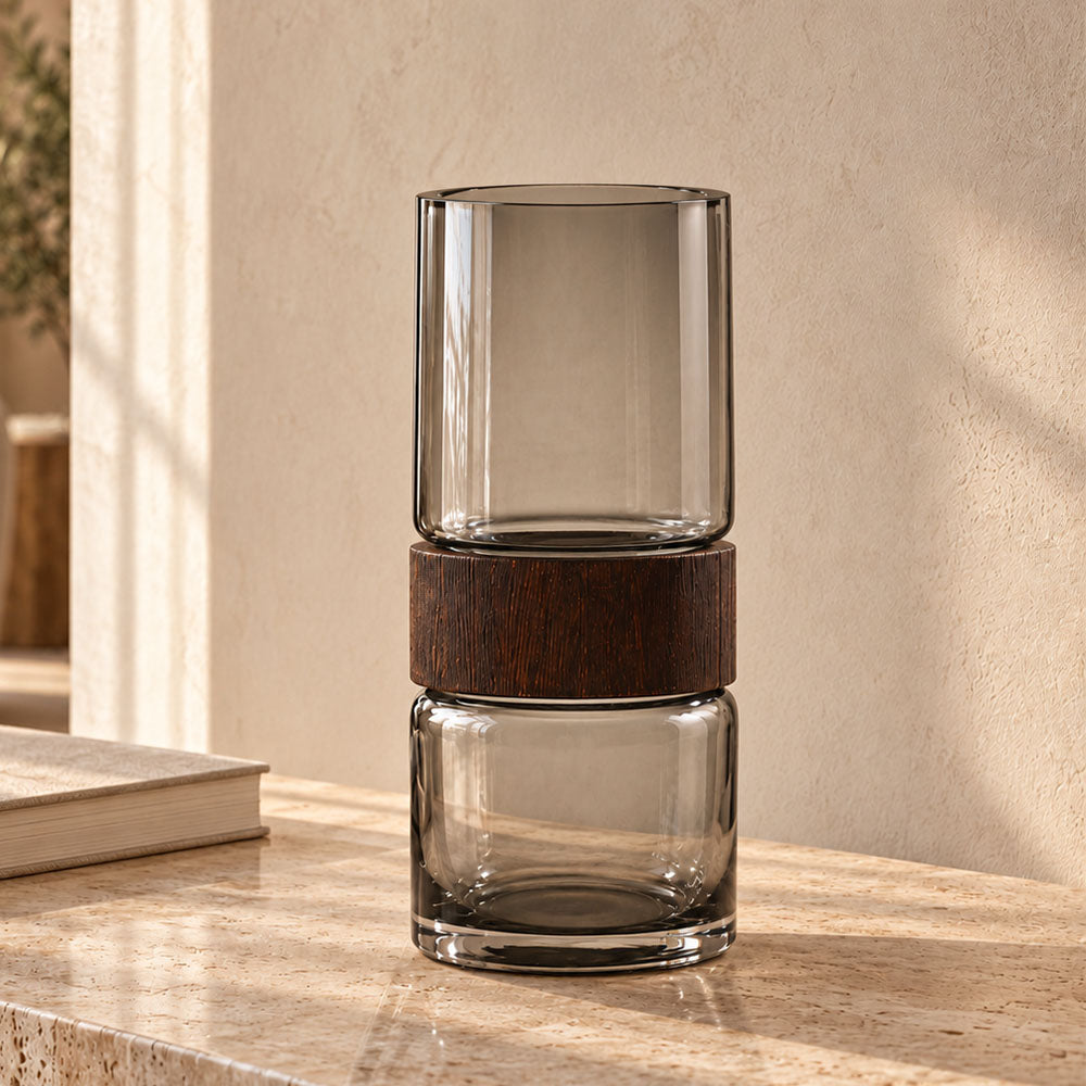 Afora Glass & Wood Cylindrical Vase Medium - Smoke Natural