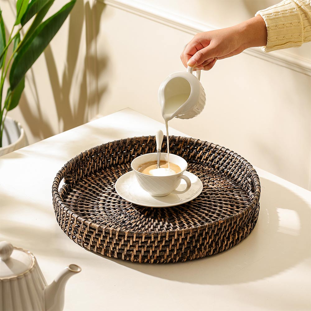 Amira Rattan Round Serving Tray Large - Rustic Black