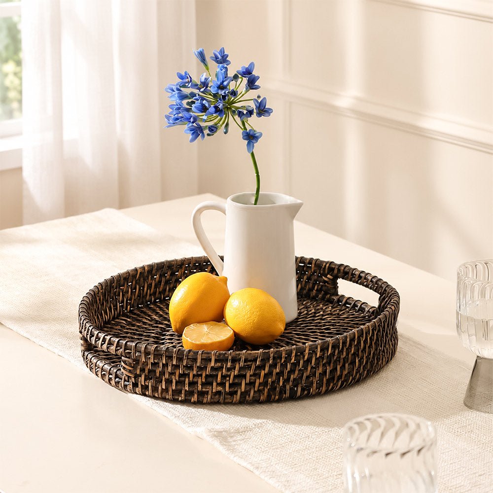 Amira Rattan Round Serving Tray Large - Rustic Black