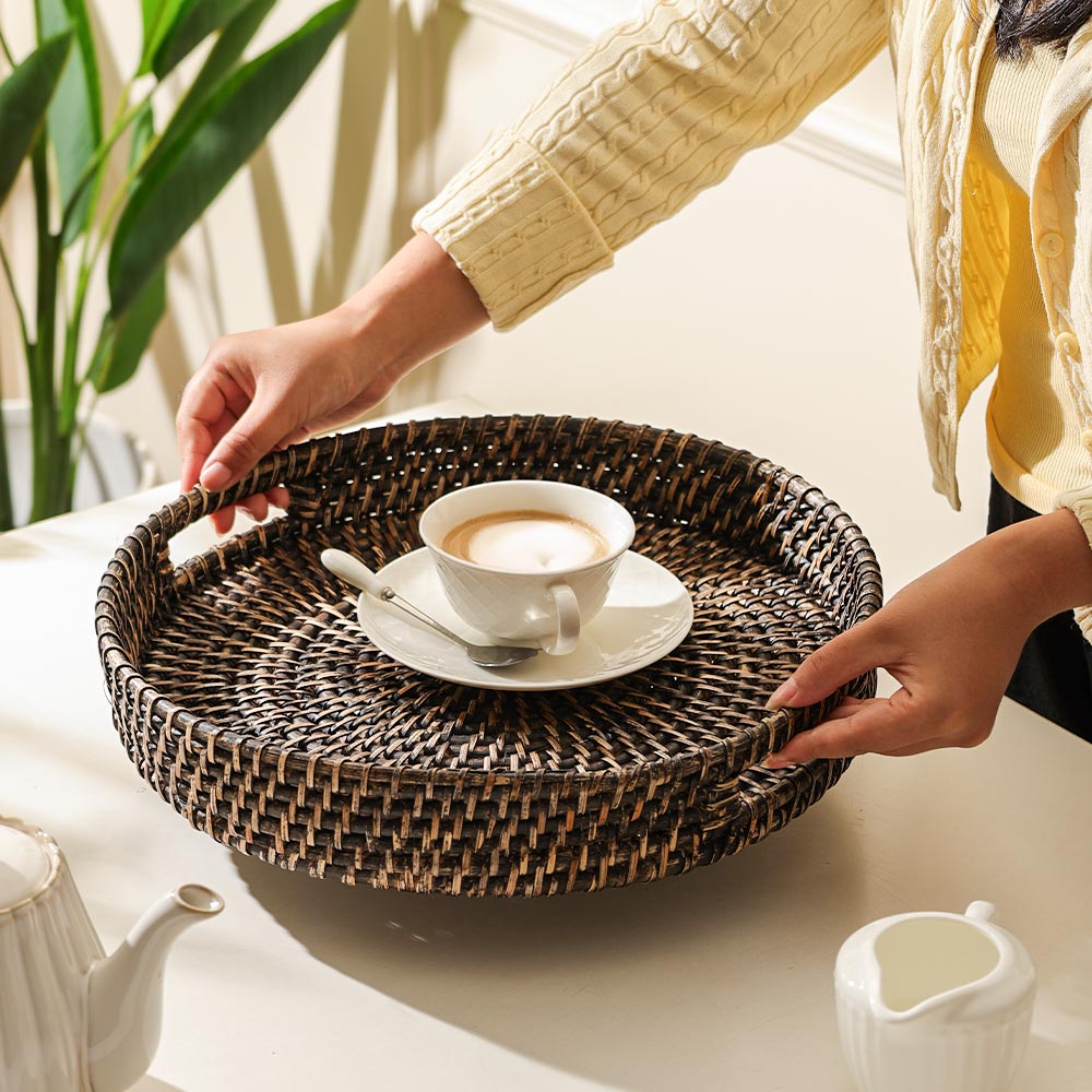 Amira Rattan Round Serving Tray Large - Rustic Black