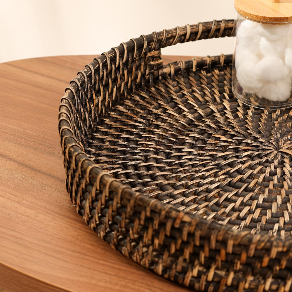 Amira Rattan Round Serving Tray Large - Rustic Black