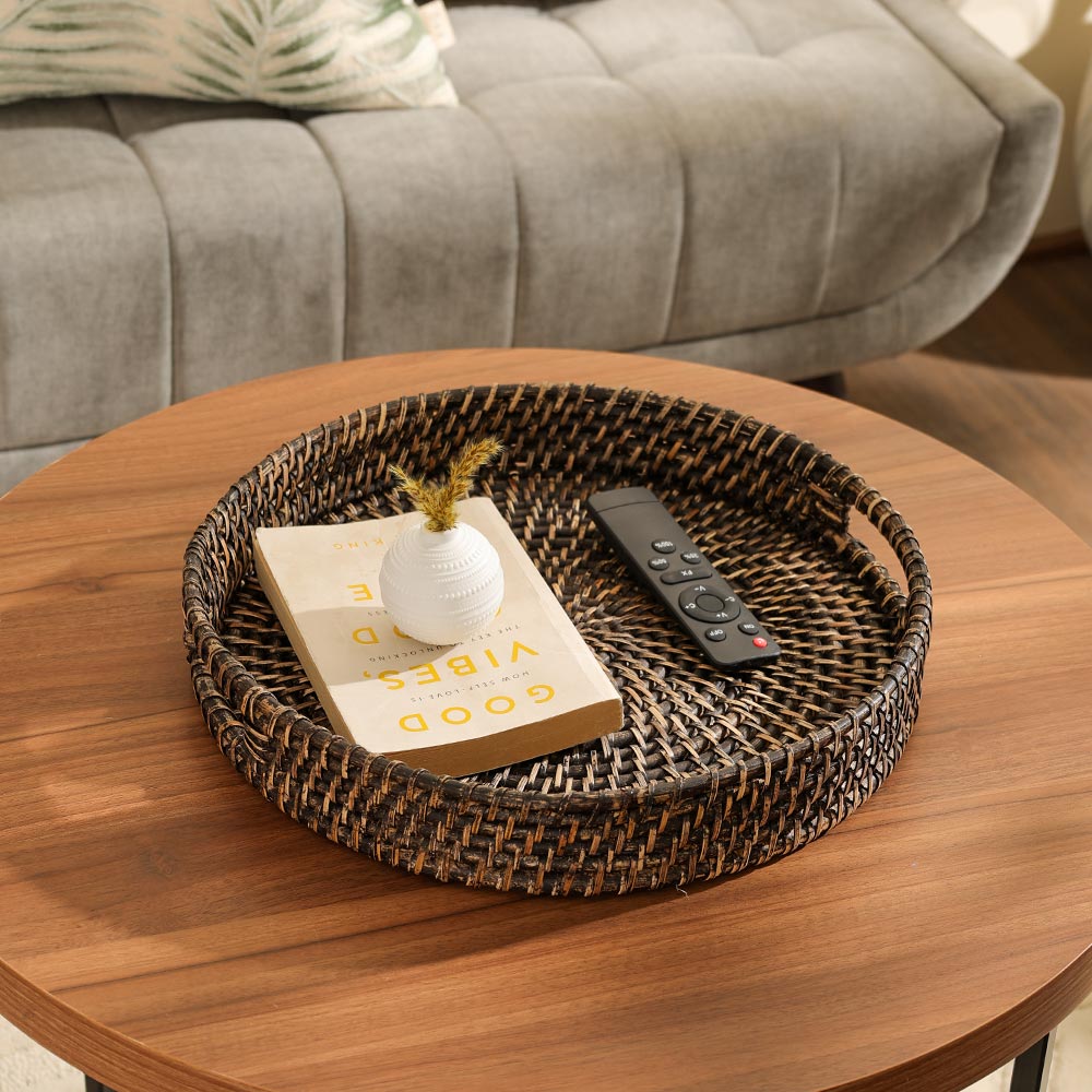 Amira Rattan Round Serving Tray Large - Rustic Black