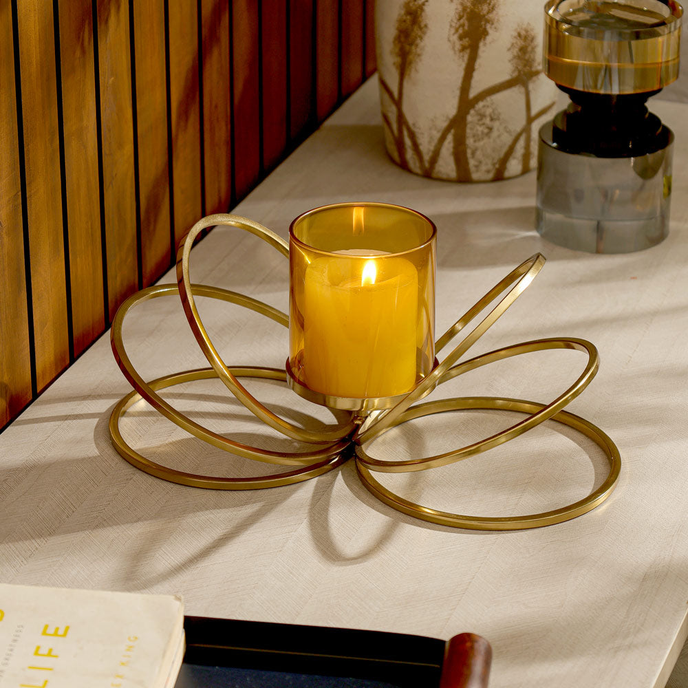 Anelli Glass Hurricane with Iron Stand - Gold