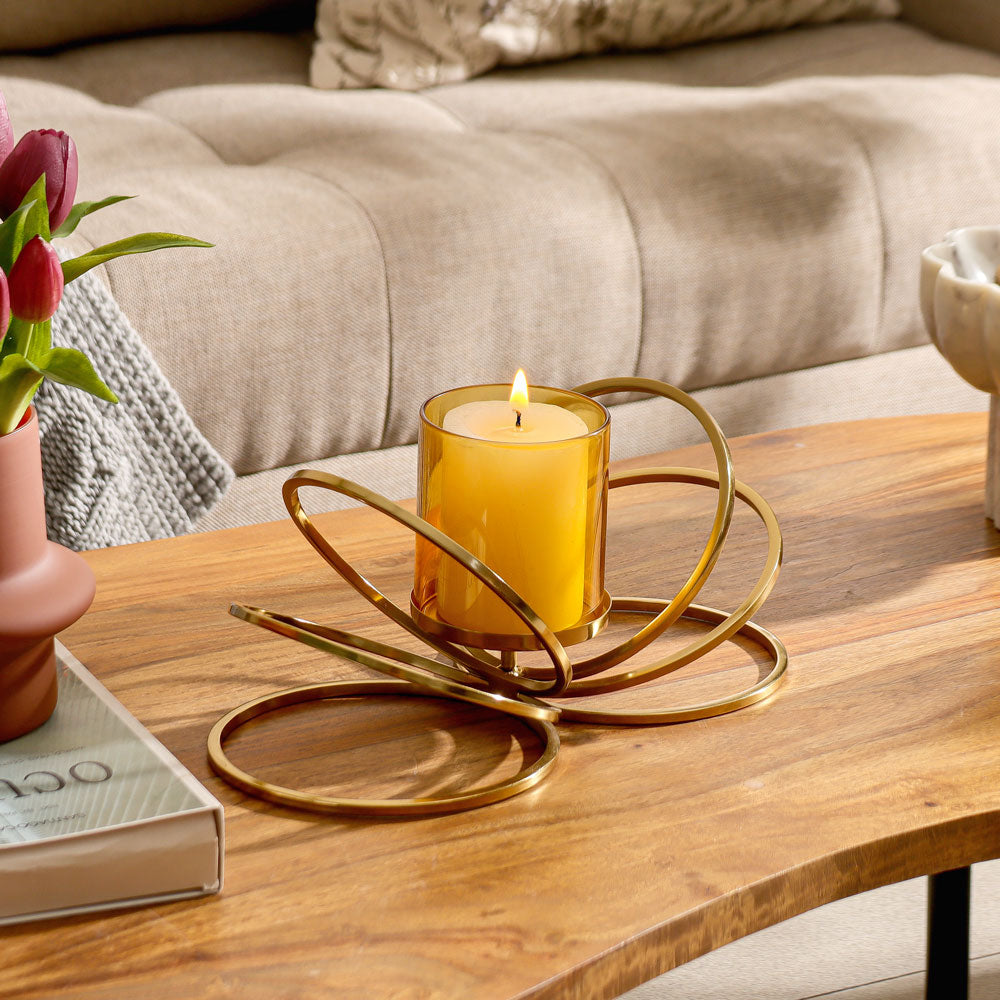 Anelli Glass Hurricane with Iron Stand - Gold