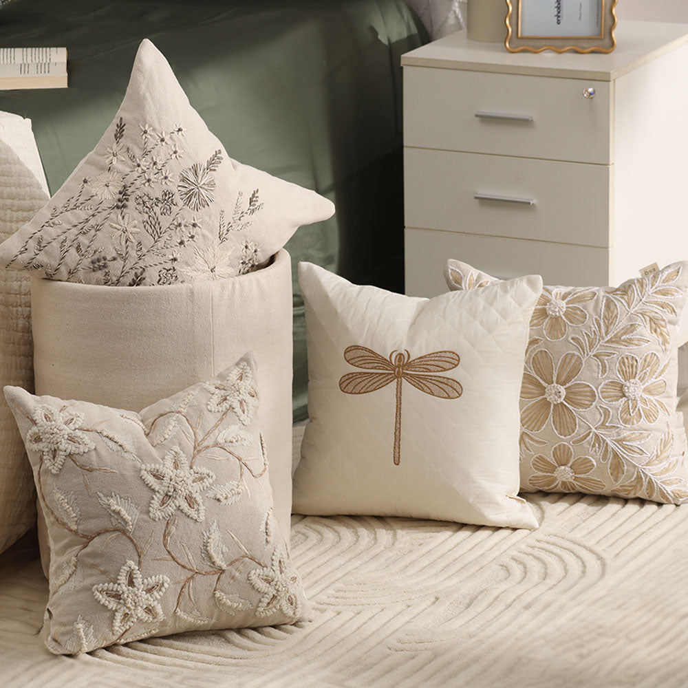 Anemone Embroidered Cushion Cover 45x45cm - Cream Beige