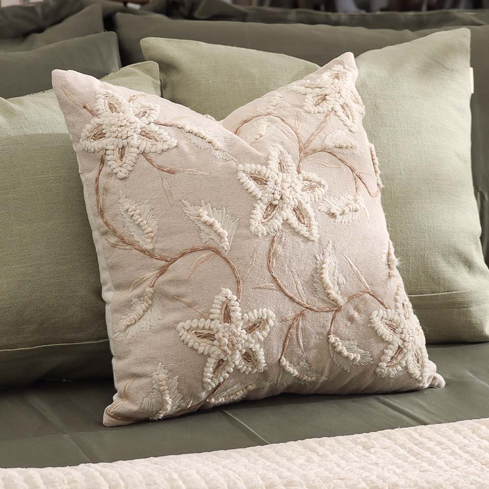 Anemone Embroidered Cushion Cover 45x45cm - Cream Beige