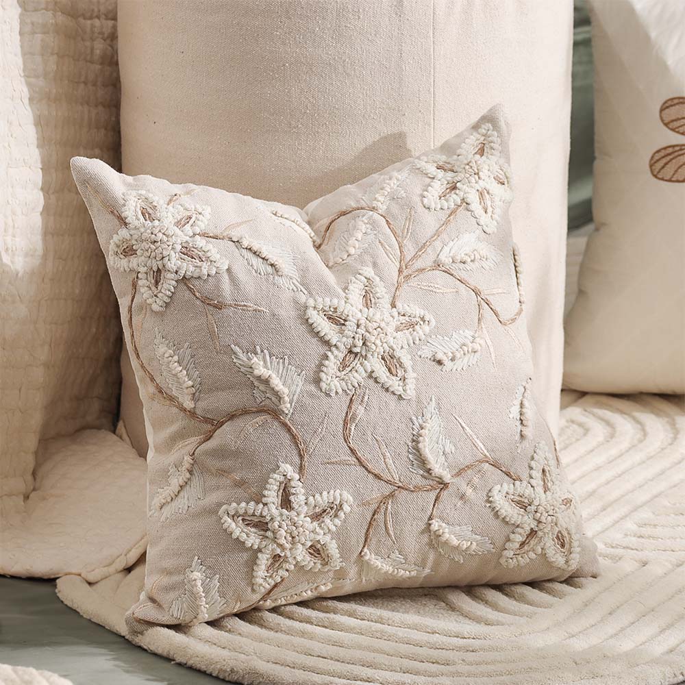 Anemone Embroidered Cushion Cover 45x45cm - Cream Beige