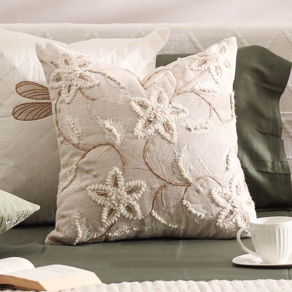 Anemone Embroidered Cushion Cover 45x45cm - Cream Beige