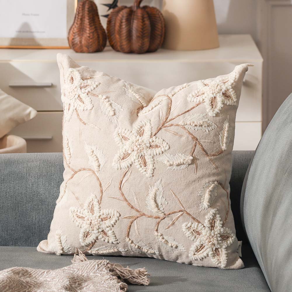 Anemone Embroidered Cushion Cover 45x45cm - Cream Beige