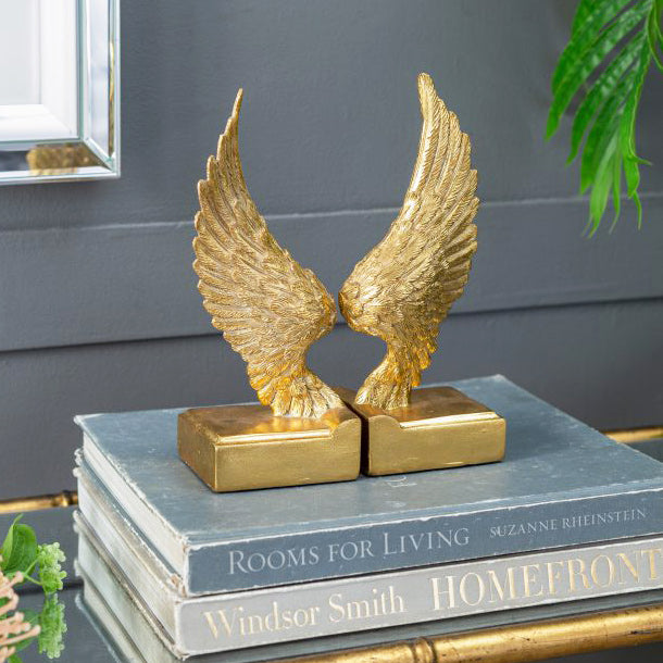 Angel Wings Bookends, Set of 2 - Antique Gold