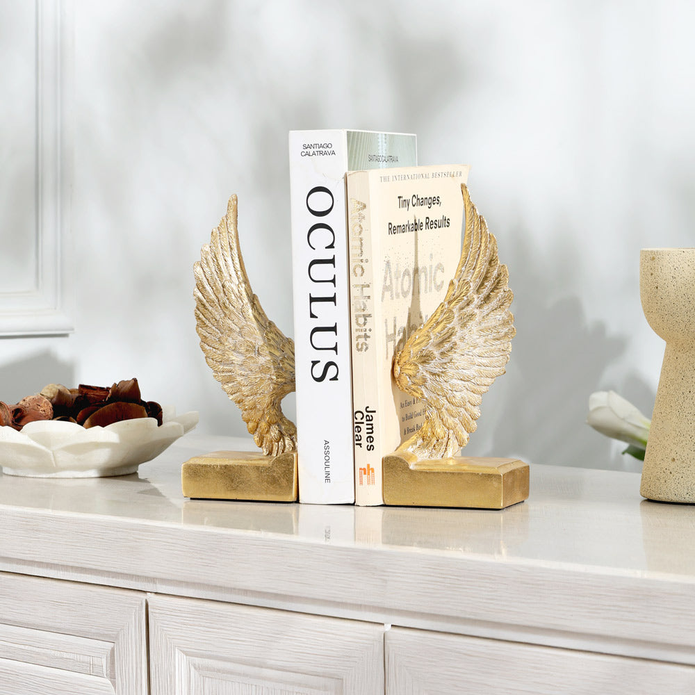 Angel Wings Bookends, Set of 2 - Antique Gold