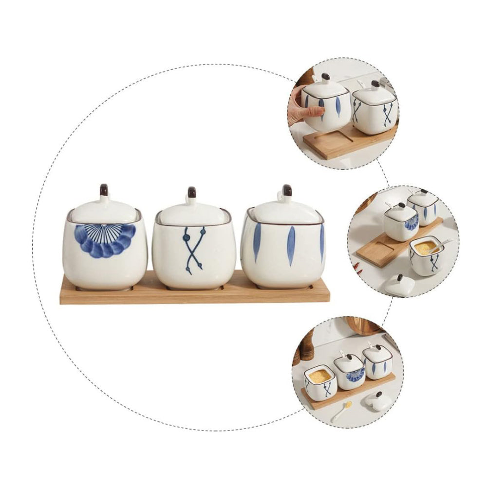 Aoki Condiment Jars with Wooden Tray - White Blue