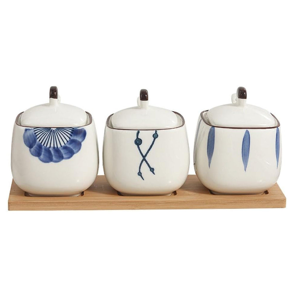 Aoki Condiment Jars with Wooden Tray - White Blue